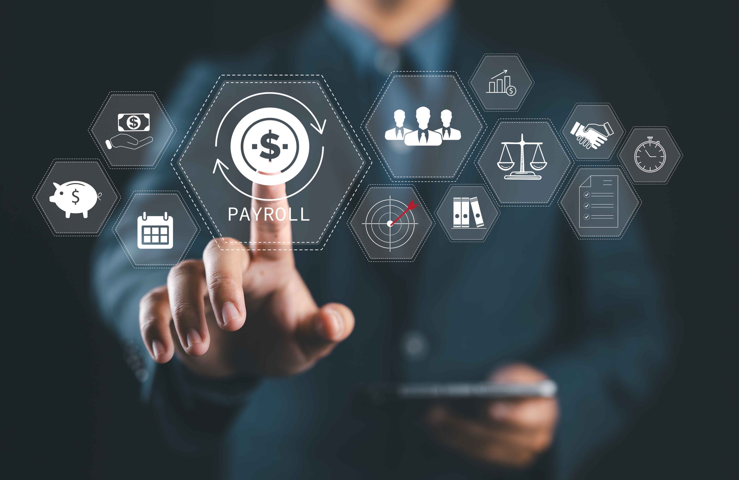 Business professional interacting with virtual payroll interface, surrounded by digital icons representing salary, calendar, employee management, compliance, and financial data