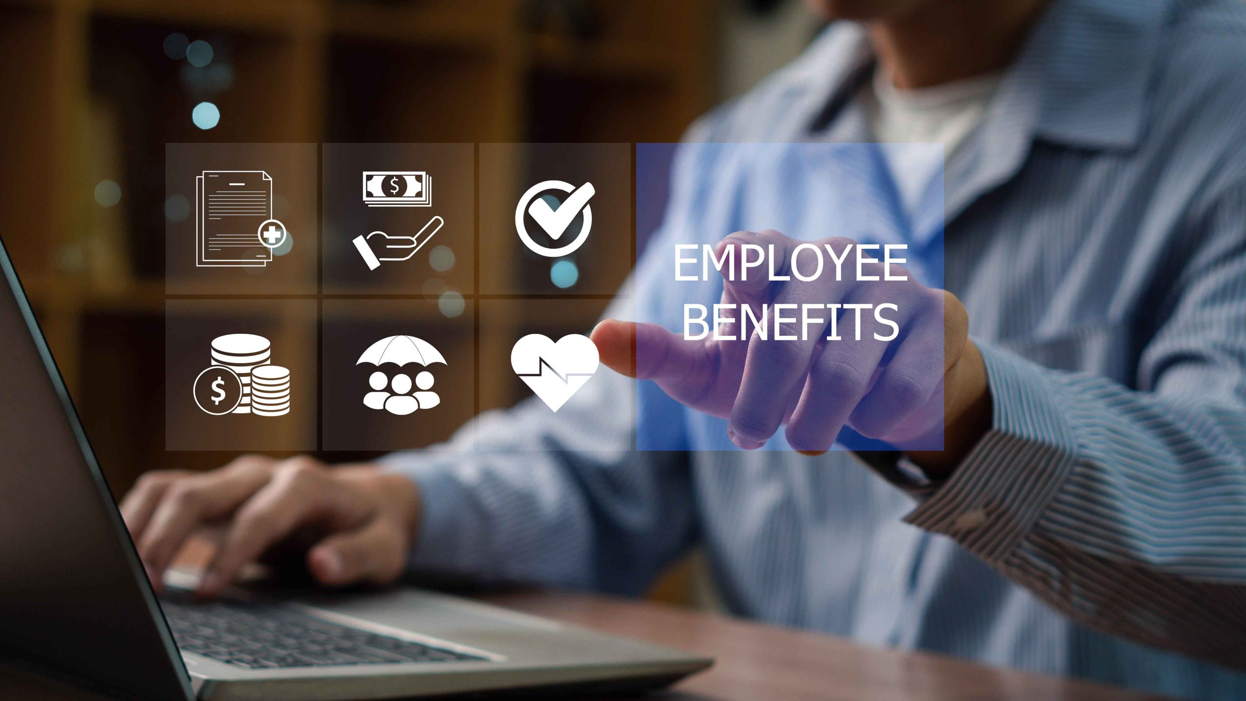 Business professional using digital interface to manage employee benefits, with icons representing insurance, health, finance, and compensation plans