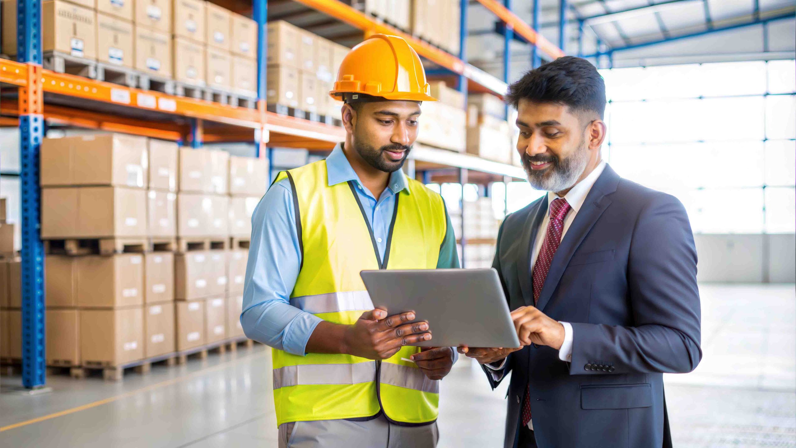 warehouse or logistics environment where two professionals — one in operations and the other likely in management or consulting — are collaborating
