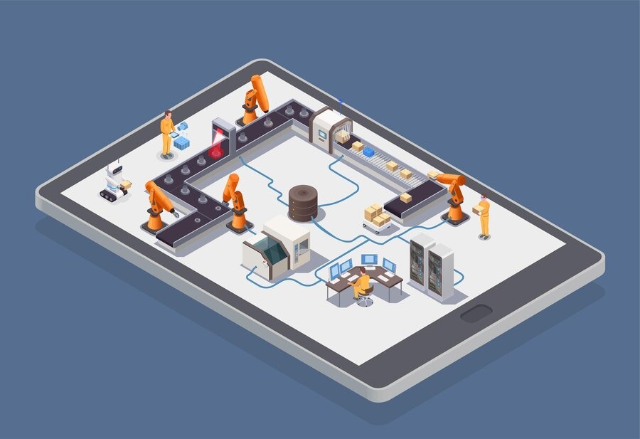 conceptual isometric illustration of a smart factory or digital manufacturing system embedded within a tablet, symbolizing Industrial IoT (IIoT), Industry 4.0, or Smart Factory monitoring via mobile or cloud-based platforms