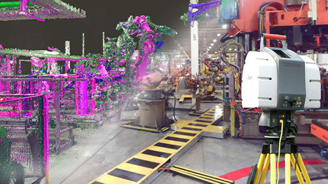 3D laser scanning of an industrial manufacturing facility showing transition from real-world factory to point cloud digital model