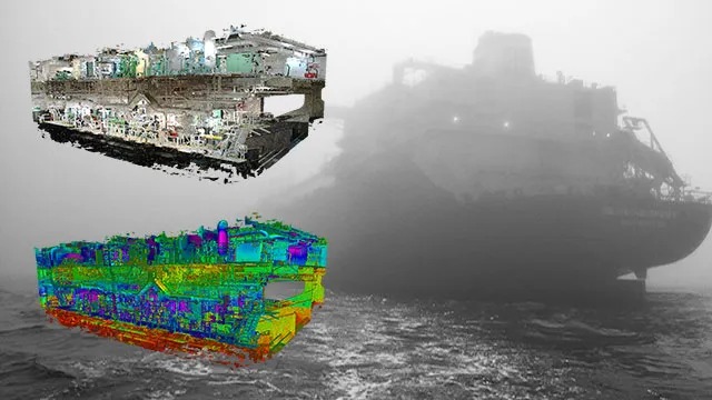 3D laser scan point cloud models of a ship’s interior overlaid on an image of a large vessel, showcasing digital twin and maritime engineering