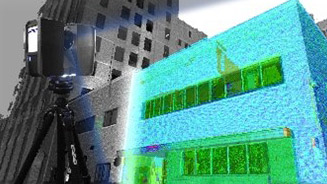 3D laser scanning of a building exterior showing transformation from real-world structure to color-coded digital point cloud model