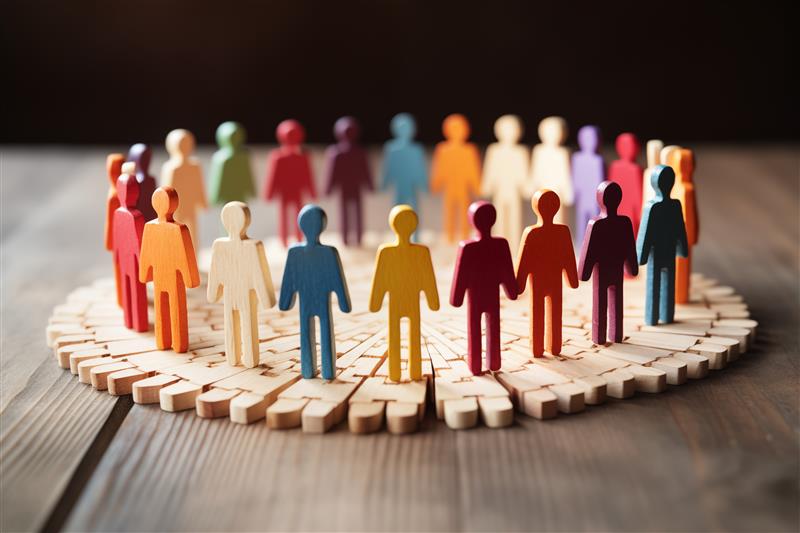 Colorful wooden human figures standing in a circle on interlocked puzzle pieces, symbolizing diversity, inclusion, unity, and teamwork