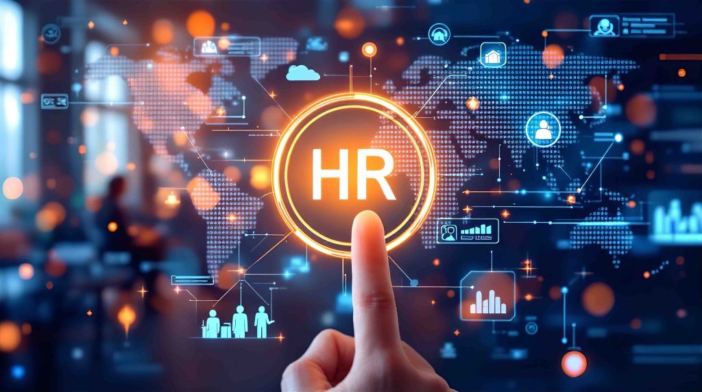 Hand interacting with digital HR interface showcasing global human resources technology and data analytics