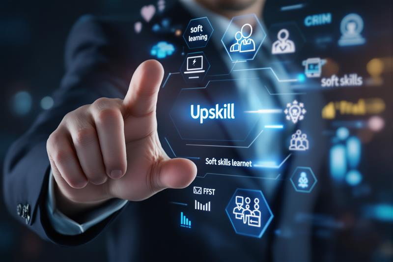 Business professional interacting with a virtual interface focused on upskilling, soft skills, and digital learning icons