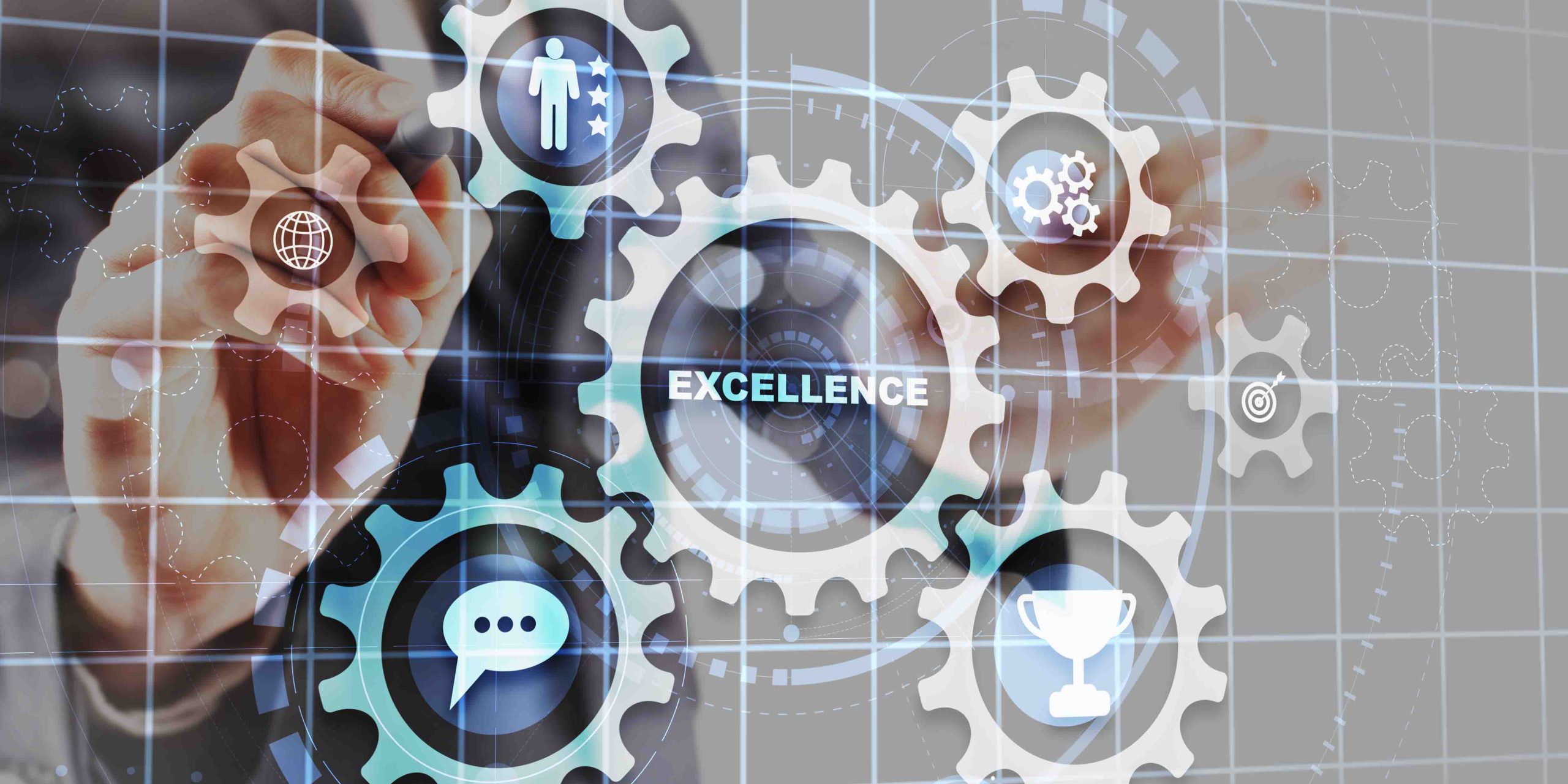 This image is a conceptual visual that represents "Excellence" in a business or industrial context using gear icons and digital interface elements.
