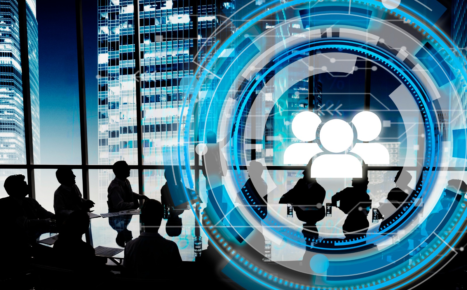 Corporate meeting in a high-rise office with digital network overlay, showcasing futuristic business technology and team collaboration