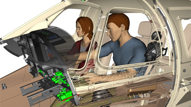 simulation of a cockpit with two human figures — a pilot and a co-pilot — seated and interacting with flight controls and avionics systems