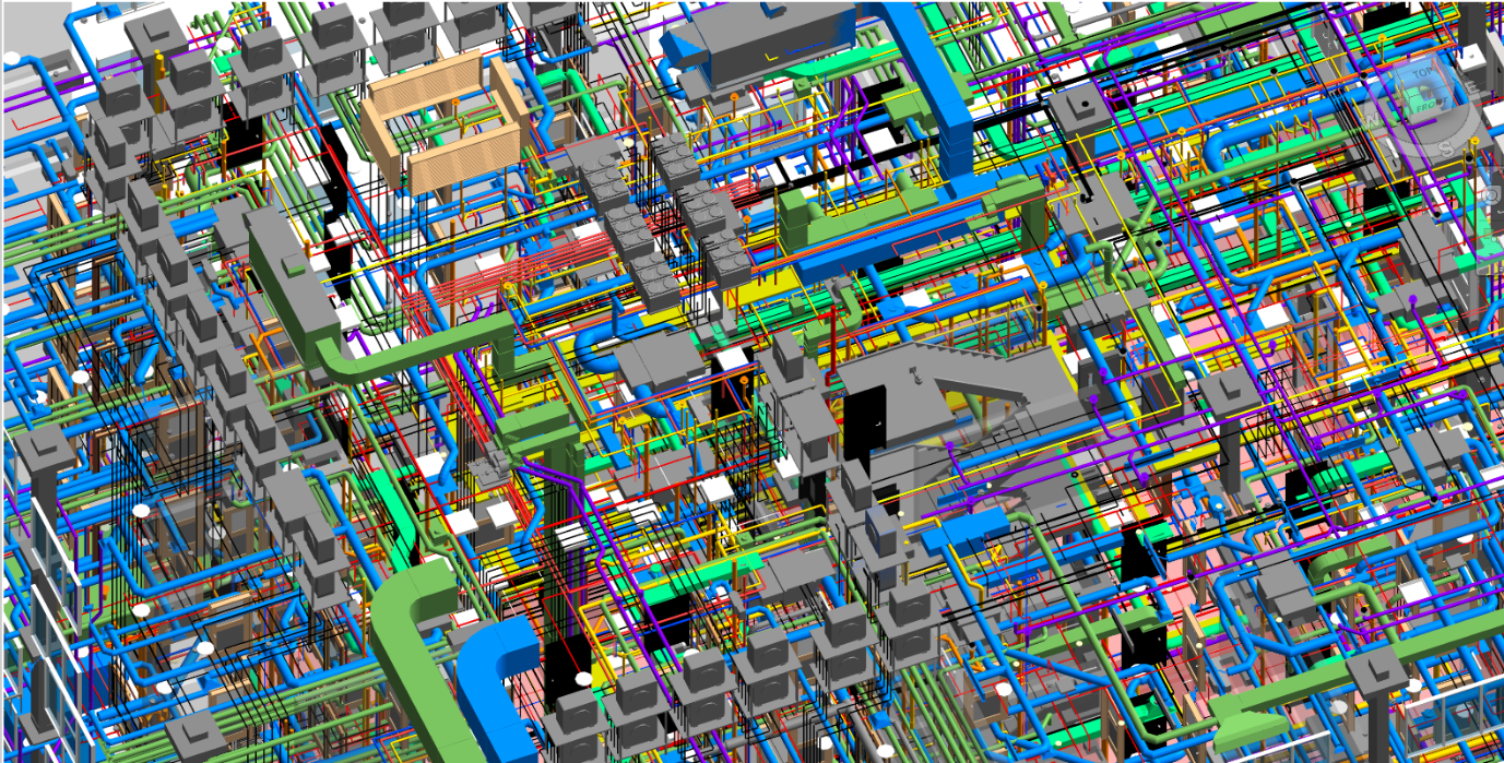 3D BIM coordination model of MEP systems showing a dense, color-coded layout of mechanical, electrical, and plumbing components for clash detection and spatial planning in a large building