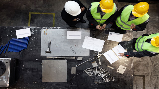 aerial view of an engineering or manufacturing team meeting, likely during a resource optimization planning session
