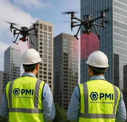 PMI engineers using drones for aerial surveying and 3D mapping of urban buildings using LiDAR technology