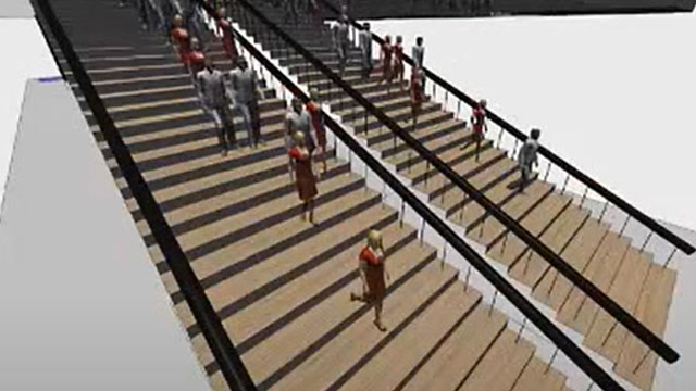 3D simulation of pedestrian movement on wide staircases used for analyzing crowd flow, evacuation planning, and public space design in large infrastructure projects