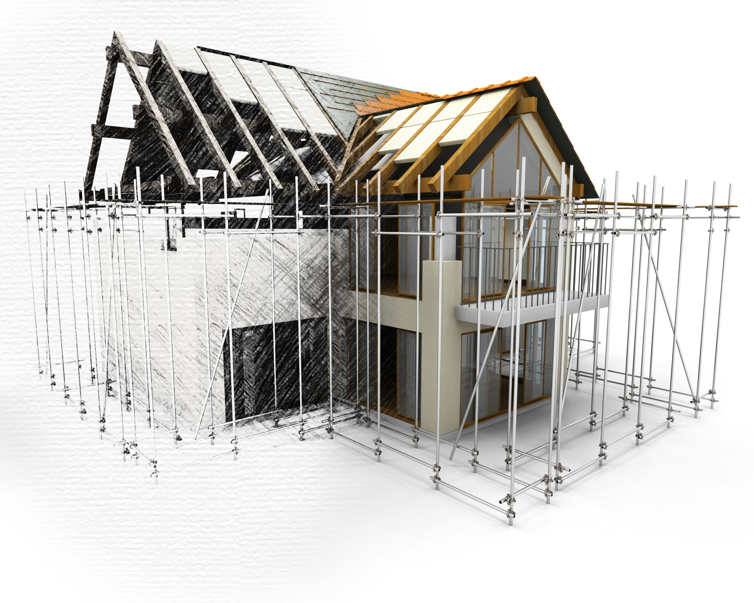 Hybrid illustration of a modern house under construction, with one half shown as a pencil sketch of the structural framework and the other half as a realistic 3D rendering with scaffolding and completed exterior