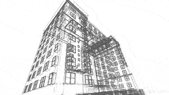 Wireframe 3D scan of a multi-story building used for architectural modeling and digital twin creation