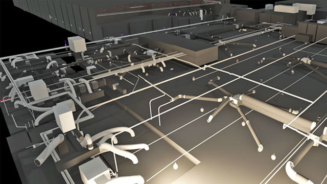 3D rendered model of a building’s MEP systems, including HVAC ducts, electrical conduits, and plumbing lines, used for design coordination and clash detection