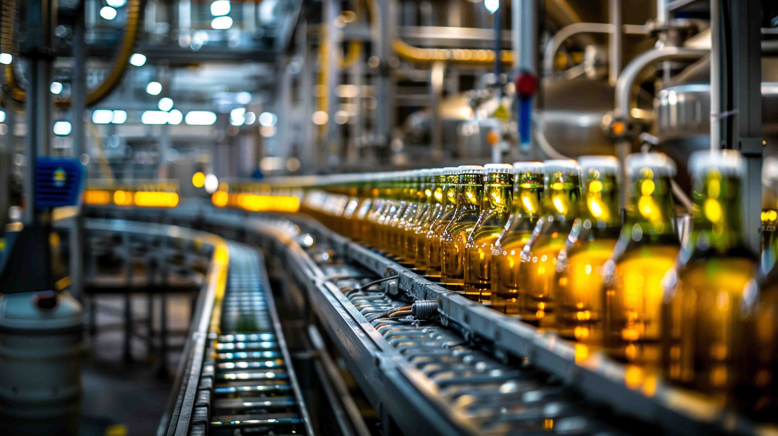 high-speed bottling line in a beverage or liquid food manufacturing facility, highlighting an advanced stage of automated production