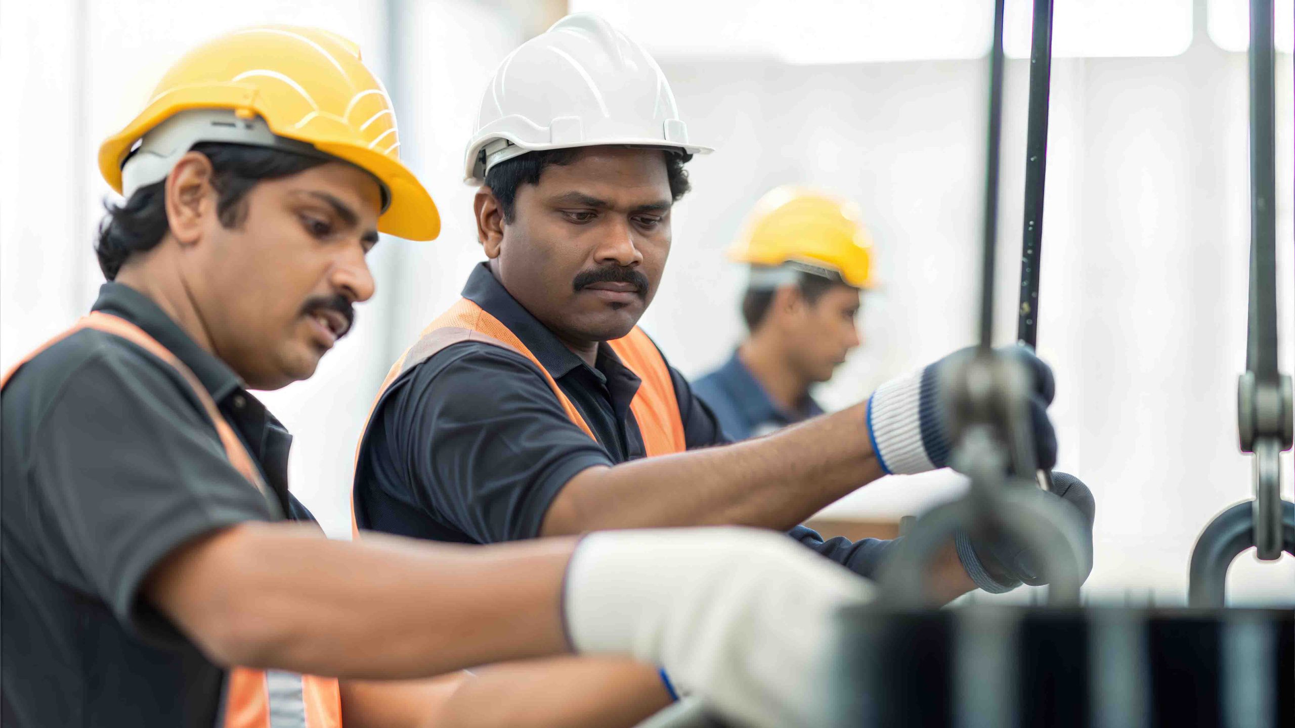 factory workers or engineers operating machinery or handling equipment on a manufacturing floor