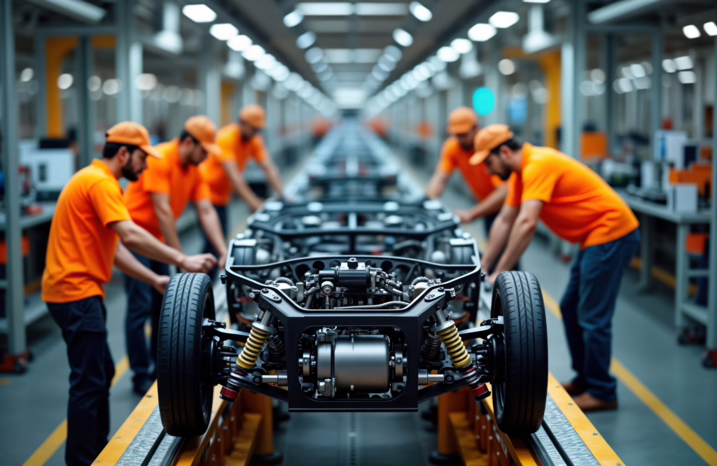 Workers assemble car chassis on automated assembly line in modern auto factory. Focused technicians work meticulously on car components. Efficient team effort clearly visible, in production line.