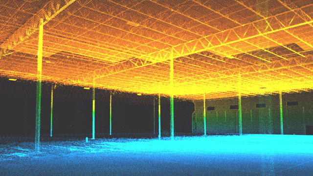 LiDAR scan or point cloud rendering of an indoor industrial facility, likely a warehouse or factory floor