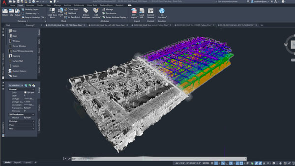 AutoCAD interface displaying a 3D point cloud scan of a building integrated with structural modeling for scan-to-BIM conversion