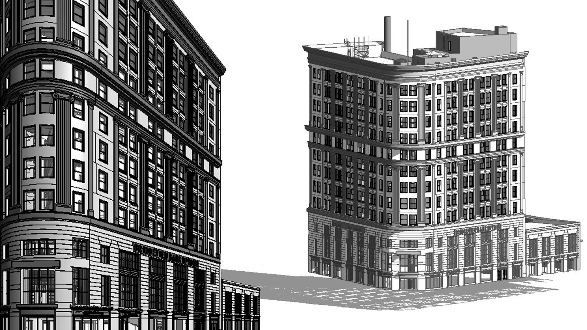 3D architectural renderings of a classical-style mid-rise building showing detailed façade features and structural design, including a close-up view and a full building perspective