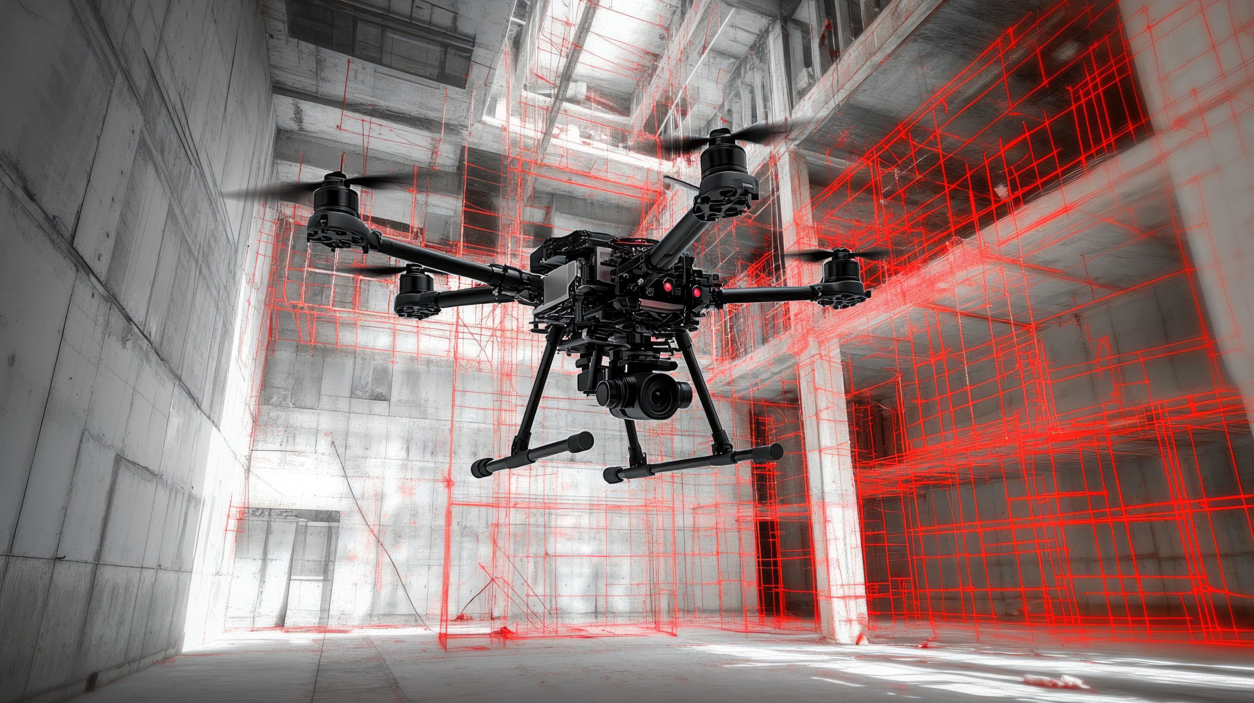 The red mesh/grid overlay illustrates a 3D laser scanning or photogrammetry process, mapping the indoor environment for accurate digital reconstruction