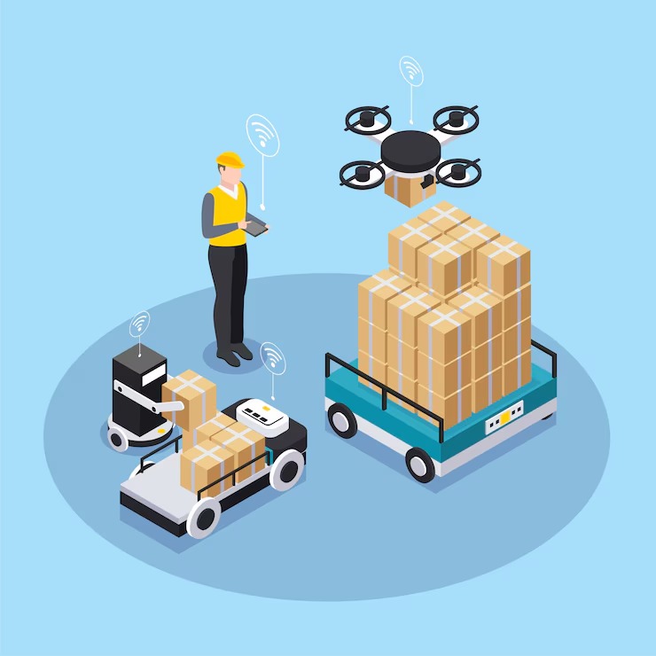 isometric illustration representing a smart logistics or automated warehouse environment