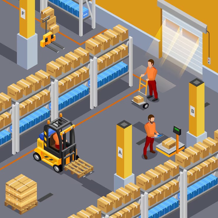 stylized isometric illustration of a warehouse or distribution center, depicting key operations in a modern logistics workflow