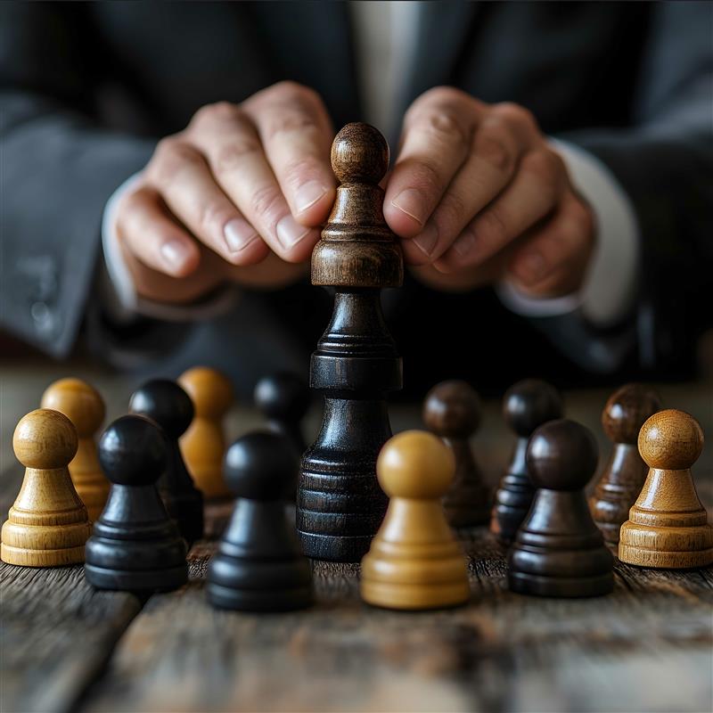 Businessperson strategically placing a large chess pawn among smaller ones, symbolizing leadership, decision-making, or talent management strategy