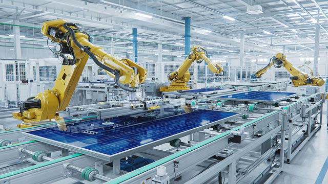 high-tech solar panel manufacturing facility with industrial robotic arms