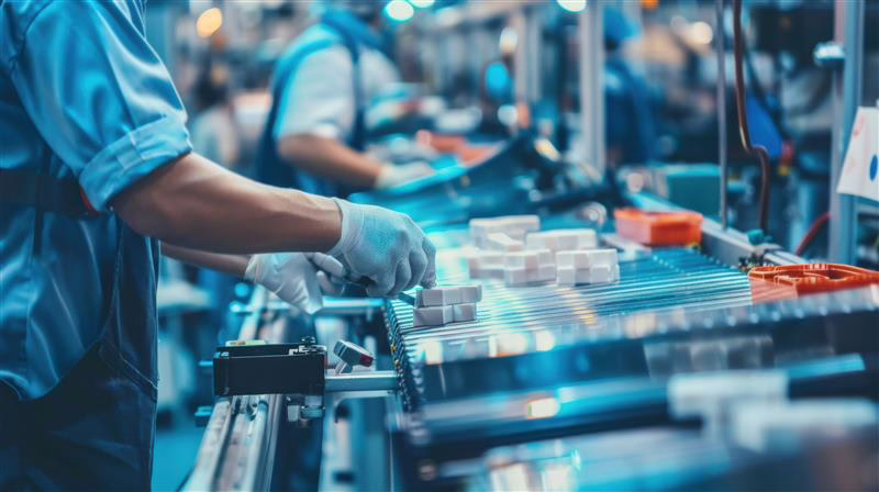manual inspection or packaging station on an automated conveyor system—typical in pharmaceutical, FMCG, or electronics manufacturing industries