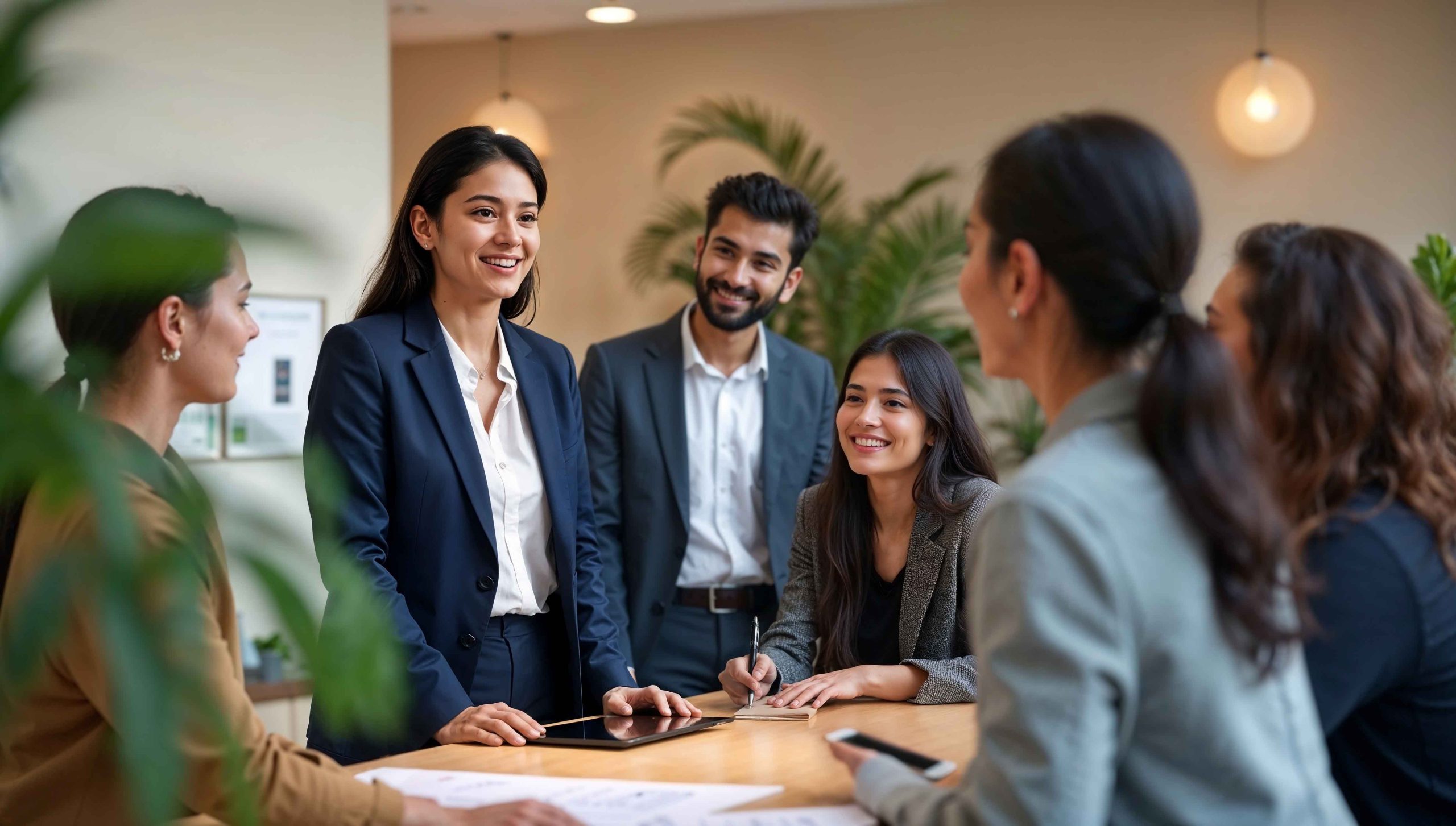 Group of young professionals in a modern office engaged in a team meeting, showcasing collaboration, leadership, and a positive work environment