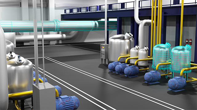 3D rendered model of an industrial plant layout featuring tanks, pumps, pipelines, and digital twin components used for process design, layout optimization, and facility planning