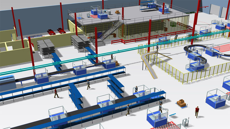 3D digital layout of a manufacturing or distribution facility featuring conveyor systems, workstations, safety zones, and simulated human activity for workflow and automation analysis
