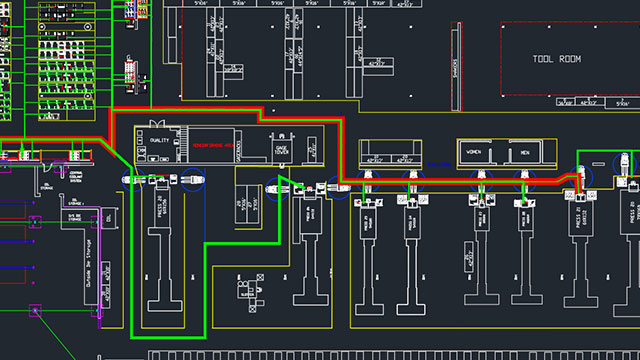 CAD floor plan or layout schematic of an industrial or manufacturing facility