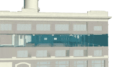 3D sectional view of a multi-story building model showing the interior layout of one floor, including rooms, windows, and structural elements