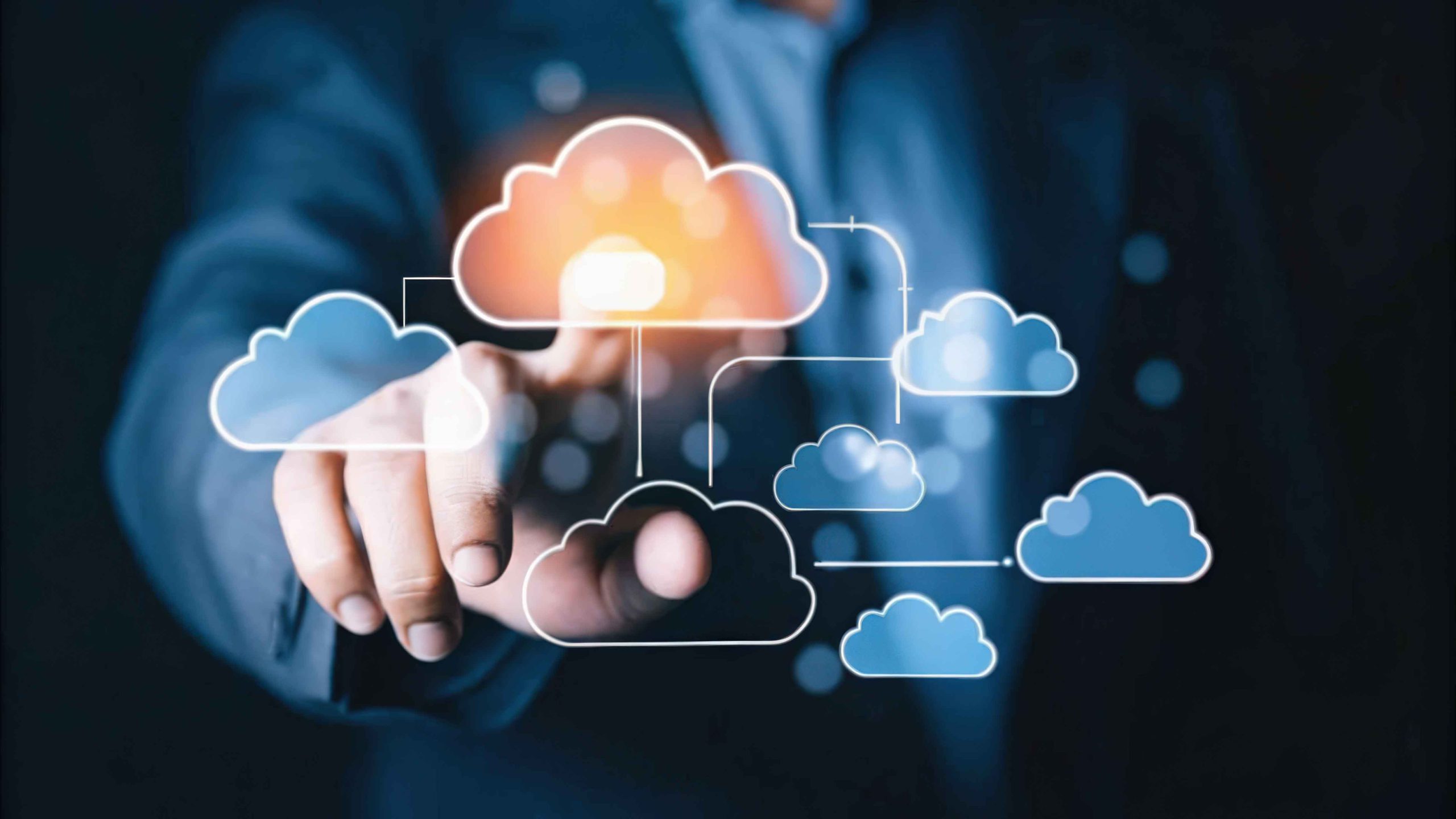 Businessman interacting with cloud computing interface for data management and digital transformation