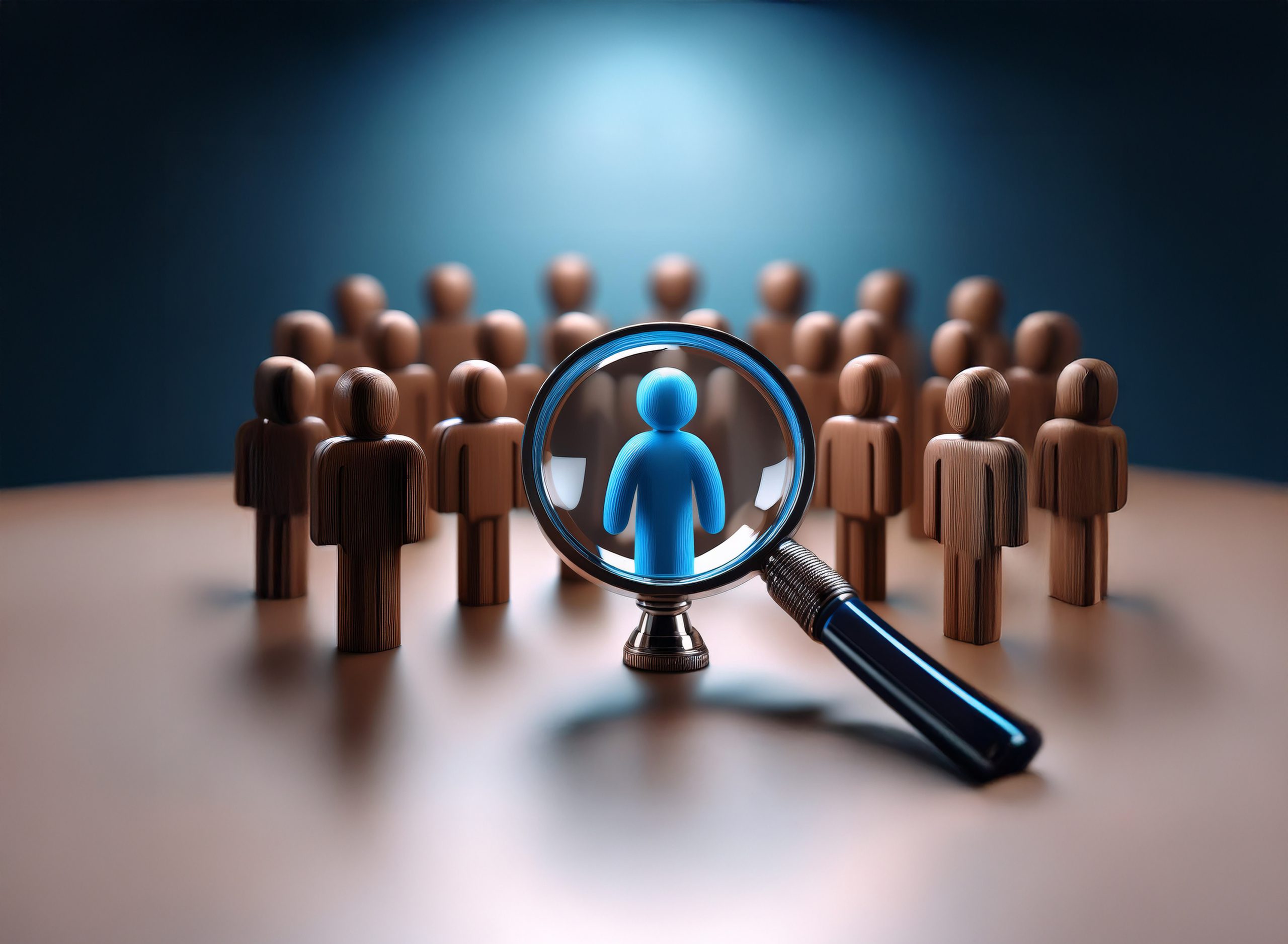 Magnifying glass focusing on standout blue figure among wooden human icons, representing candidate selection or talent search