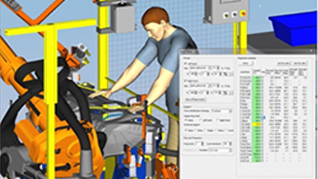 digital human simulation in a manufacturing environment, likely used for ergonomic assessment and workstation design validation